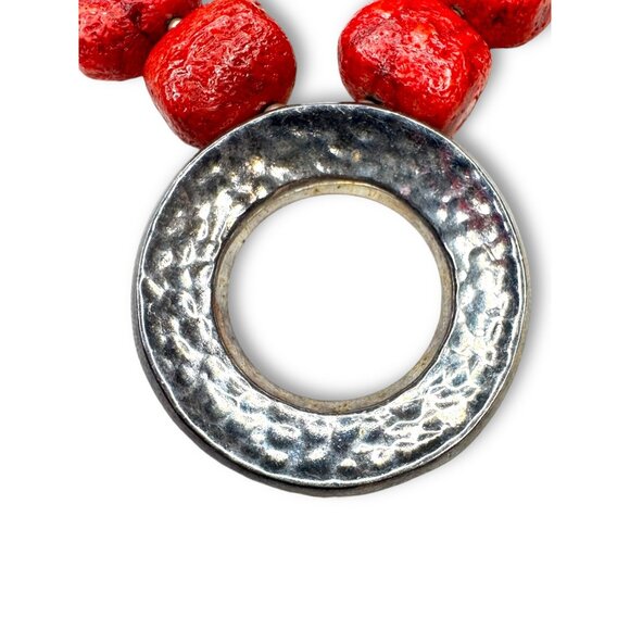 Silpada N1370 Sterling Silver Red Sponge Coral Hammered Circle Necklace - Picture 2 of 13